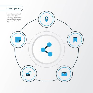 Internet renkli simgeler kümesi. Yer işareti, konumu, bildirim ve diğer öğeleri koleksiyonu. Flama, sohbet, ağ gibi semboller de içerir.