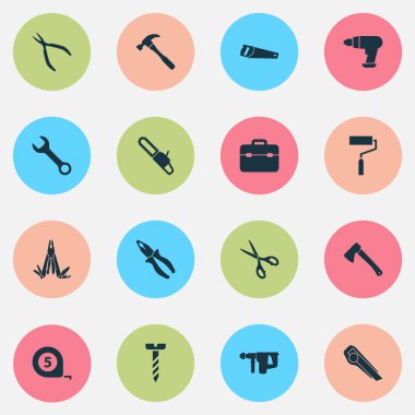 Handtools simgeler kümesi. El testeresi, kesici, makası öğeleri koleksiyonu. Ayrıca araç, cep, balta gibi simgeler içerir.