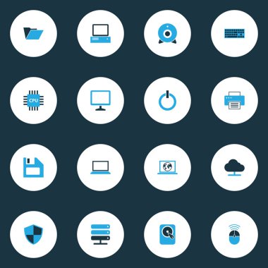 Bilgisayar renkli simgeler kümesi. Mikroişlemci, kontrol, ekran ve diğer öğeleri koleksiyonu. Ayrıca yazıcı, güvenlik duvarı, Pc gibi simgeler içerir.