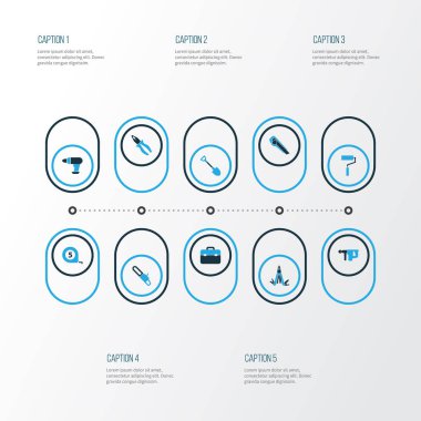 Araçları renkli simgeler kümesi. Testere, metre, kesici ve diğer öğeleri koleksiyonu. Ayrıca kürek, matkap, çekiç gibi simgeler içerir.