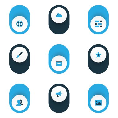 Renkli simgeler kümesi arabirim. İnsanlar, resim, depolama ve diğer öğeleri koleksiyonu. Pano, resim, sevdim gibi semboller de içerir.