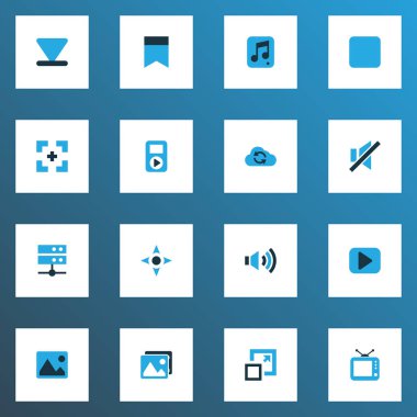 Medya renkli simgeler kümesi. Alt, Galeri, bulut ve diğer öğeleri koleksiyonu. Datacenter, Begin, oynamak gibi semboller de içerir.