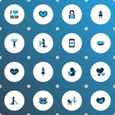 Anneler günü renkli simge tasarım konsepti. Perambulator, ilişkiler, eller 16 gibi öğeleri kümesi. Erkek, güzel simgeleri seviyorum ve ben.