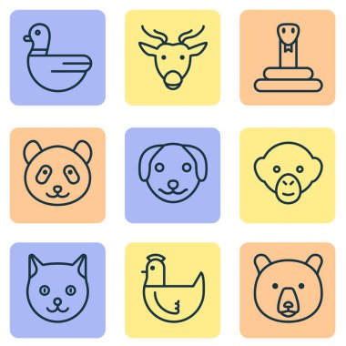 Doğa Icons Set. Yılan, yavru kedi, köpek ve diğer öğeleri koleksiyonu. Ayrıca tavuk, geyik, kaz gibi simgeler içerir.