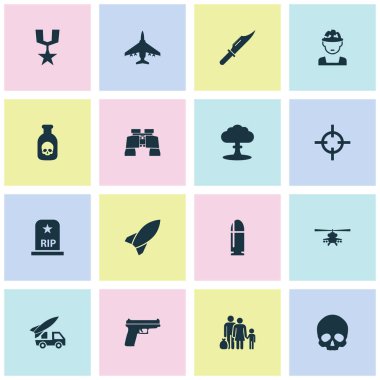 Savaş Icons Set. Atom, sipariş, RIP ve diğer öğeleri koleksiyonu. Ayrıca Atom, tehlike, Oficer gibi simgeler içerir.