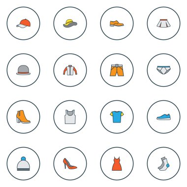 Elbise renkli anahat simgeler kümesi. Cap, külot, fasulye ve diğer öğeleri koleksiyonu. Elbise, ponpon, giymek gibi semboller de içerir.