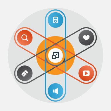 Medya Icons Set. Büyüteç, oyuncu, kalp ve diğer öğeleri koleksiyonu. Ayrıca ses, megafon, sevgili gibi simgeler içerir.