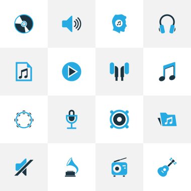 Multimedya renkli simgeler kümesi. Vinil, klasör, çalma listesi ve diğer öğeleri koleksiyonu. Ayrıca sessiz, gitar, pikap gibi simgeler içerir.