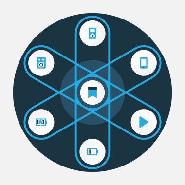 Medya renkli simgeler kümesi. Bayrak, çalar, cep telefonu ve diğer öğeleri koleksiyonu. Ayrıca telefon, oyuncu, ücret gibi simgeler içerir.