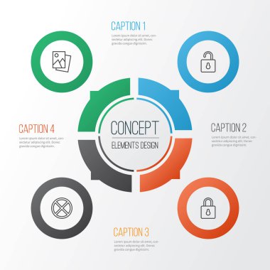 Ağ Icons Set. Çıkış, korumak, manzara Foto öğeleri koleksiyonu. Ayrıca açık, asma kilit, çıkış gibi simgeler içerir.