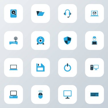 Bilgisayar renkli simgeler kümesi. Notebook, ekran, kamera ve diğer öğeleri koleksiyonu. Ayrıca başlangıç, güvenlik, kulaklık gibi simgeler içerir.