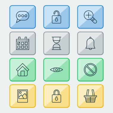 Web simgeler kümesi. Engel, göz atmak, korumak ve diğer öğeleri koleksiyonu. Blok, Emlak, açık gibi semboller de içerir.