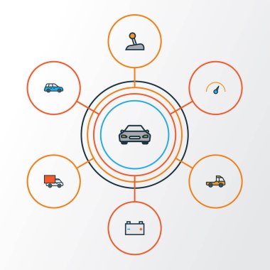 Otomobil renkli anahat simgelerini belirlemek. Van, pikap, hız ve diğer öğeleri koleksiyonu. Ayrıca araba, parça, Başbakan gibi simgeler içerir.