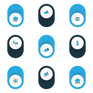 İklim renkli simgeler kümesi. Kar yağışı, yağış, Rüzgar ve diğer öğeleri koleksiyonu. Ayrıca fırtına, yaz, bulutlu gibi simgeler içerir.