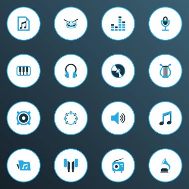 Ses renkli simgeler kümesi. Kulaklık, davul, Harp ve diğer öğeleri koleksiyonu. Ayrıca kulaklık, kulaklık, lir gibi simgeler içerir.