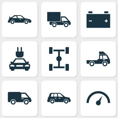 Otomobil Icons Set. Dingil mesafesi, Crossover, Tak ve diğer öğeleri koleksiyonu. Ayrıca otomobil, spor, Dingil mesafesi gibi simgeler içerir.