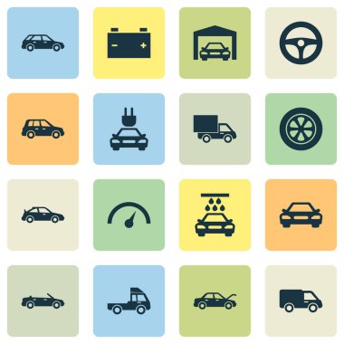 Araba Icons Set. Araba, Cabrio modeli, kamyon ve diğer öğeleri koleksiyonu. Ayrıca Cabriolet, hız, yıkama gibi simgeler içerir.