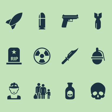 Ordu Icons Set. RIP, kaçak, silah ve diğer öğeleri koleksiyonu. Ayrıca kurşun, mülteci, bomba gibi simgeler içerir.