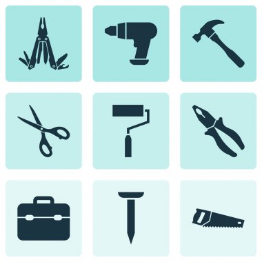 Handtools simgeler kümesi. Boya, araç seti, cıvata ve diğer öğeleri koleksiyonu. Ayrıca keskin, çivi, fırça gibi simgeler içerir.