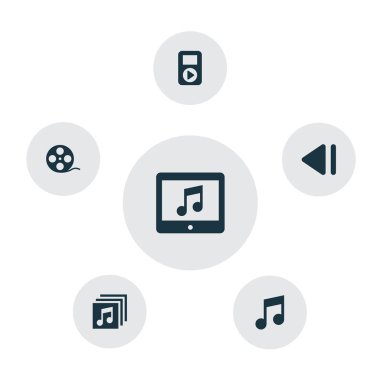 Multimedya simgeler kümesi. Film şeridi, oyuncu, önceki ve diğer öğeleri koleksiyonu. Ayrıca müzik, Albümler, müzik gibi simgeler içerir.