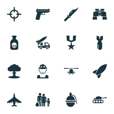 Savaş Icons Set. Helikopter, bomba, düzen ve diğer öğeler topluluğu. Askeri, madalya, bıçak gibi semboller de içerir.