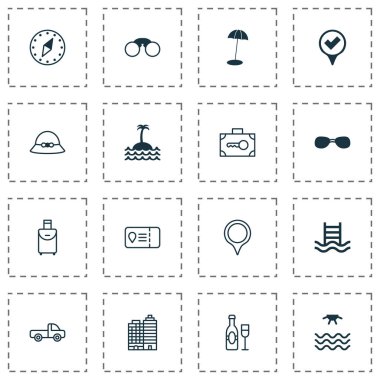 Icons Set seyahat. Çift gözlük, resif, şarap ve diğer öğeleri koleksiyonu. Ayrıca gözlük, dürbün, Bagaj çifti gibi simgeler içerir.