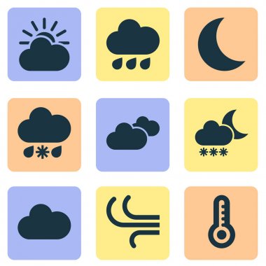 Hava Icons Set. Hava, esinti, ıslak ve diğer öğeleri koleksiyonu. Gibi karlı, bulutlar, bulutlu sembolleri de içerir.