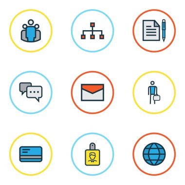 Ticaret renkli anahat simgeler kümesi. Görüşme, kimlik belgesi, dünya ve başka öğeler topluluğu. Ayrıca hiyerarşi, banka, iş adamı gibi simgeler içerir.