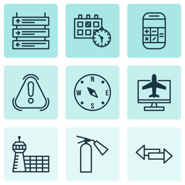 Icons Set seyahat. Hesaplama, Siren, uçak zamanlama ve diğer öğeleri koleksiyonu. Ayrıca ünlem, rezervasyon, yangın söndürücü gibi simgeler içerir.