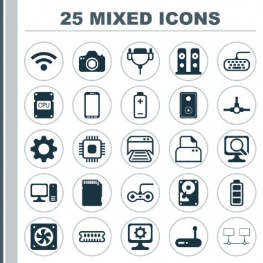 Bilgisayar simgeleri ayarlayın. Kablosuz, pil, bağlı cihazlar ve diğer öğeleri koleksiyonu. Ayrıca yazıcı, Vga, Chip gibi simgeler içerir.