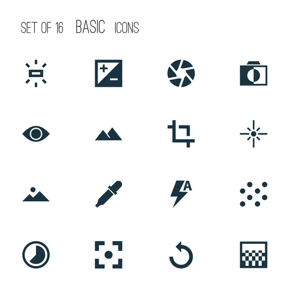 Kép ikonok beállítása. Látás, mód, fényerő és más elemek gyűjteménye. Magában foglalja a szimbólumok, mint például a Pipetta, dekoratív, elfog. — Stock Vector