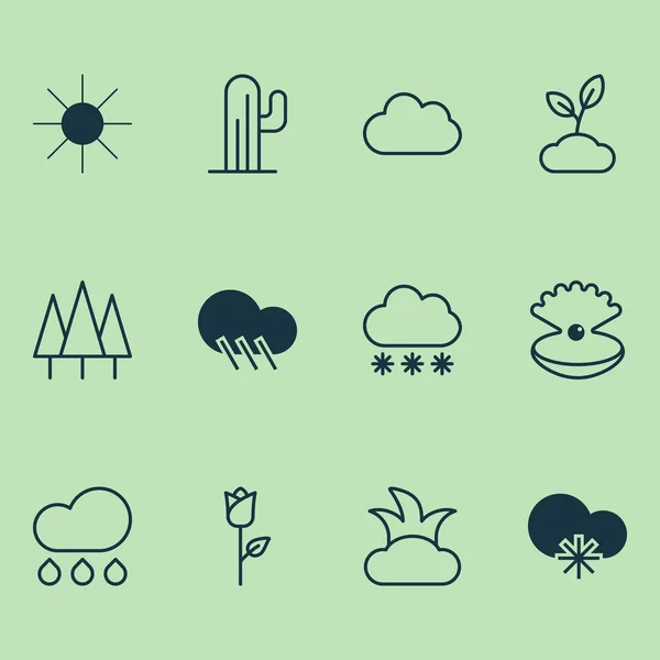 Landscape Icons Set. Collection Of Rain, Plant, Snowstorm And Other Elements. Also Includes Symbols Such As Rose, Weather, Snowy.