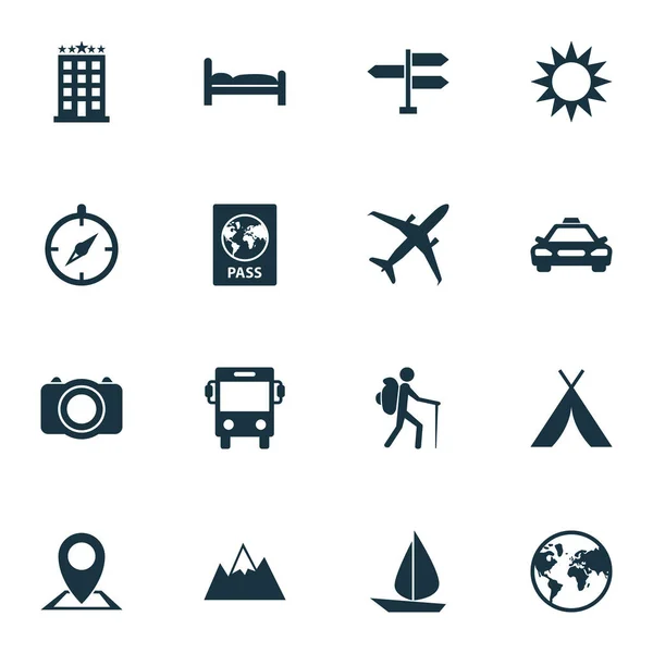 Resa ikoner Set. Samling av soliga, Transport, certifikat och andra element. Innehåller också symboler som Man, Hill, Taxi. — Stock vektor