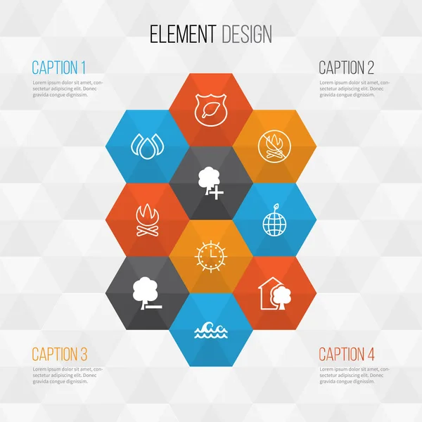 生态图标设置。太阳时钟、 删除树林、 房子和其他元素的集合。此外包括水、 火、 篝火等符号. — 图库矢量图片