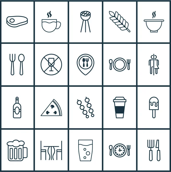 Restaurant-Ikonen gesetzt. Sammlung von Getränken, Besteck, Stockgrill und anderen Elementen. enthält auch Symbole wie Stuhl, Tee, Toilette. — Stockvektor