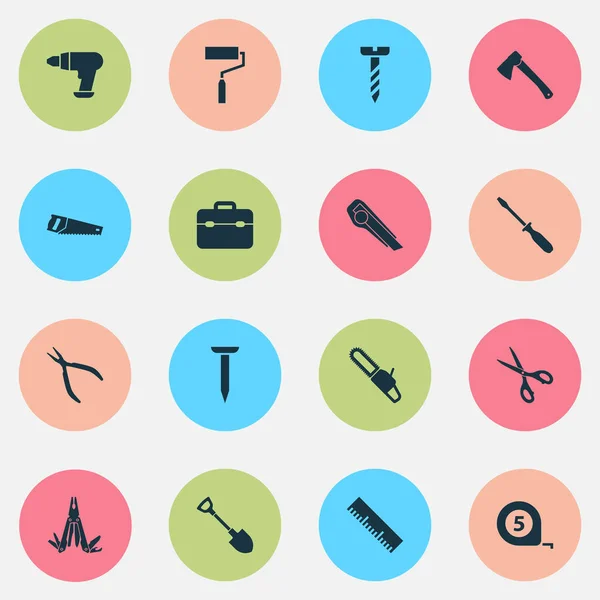 Werkzeuge Icons gesetzt. Sammlung von Schrauben, Multifunktionstaschen, Werkzeugen und anderen Elementen. auch Symbole wie Zange, Nagel, Handsäge. — Stockvektor