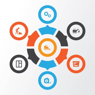 Simgeler binada. Ölçü aracı, Oluşturucu, dişli ve diğer öğeleri koleksiyonu. Ayrıca kazıcı, kova, araç gibi simgeler içerir.