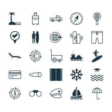 Icons Set seyahat. Araç Araba, para birimi topluluğu geri dönüşüm, dünya seyahat ve diğer öğeler. Aynı zamanda kaktüsler, konveyör, pikap gibi simgeler içerir.