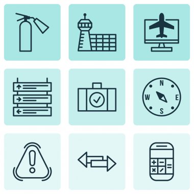 Havaalanı Icons Set. Kavşak, Bagaj inceden inceye gözden geçirmek, Havaalanı binasının ve diğer öğeleri koleksiyonu. Ayrıca Havaalanı, oklar, yangın söndürücü gibi simgeler içerir.