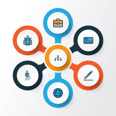 Ticaret renkli anahat simgeler kümesi. Kalem, takım, portföy ve diğer öğeleri koleksiyonu. Ayrıca, Portföy, ağ, yapısı gibi simgeler içerir.