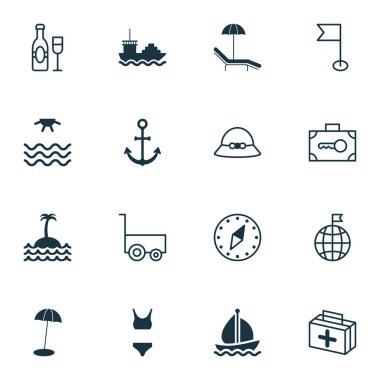 Icons Set seyahat. Koleksiyon güvenlik Bagaj, sandalye, resif ve diğer öğeleri sakin ol. Ayrıca tekne, Pusula, dünya gibi simgeler içerir.