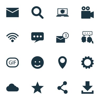 Internet simgeler kümesi. Yayýnla, Camcorder, Büyüteç'i ve diğer öğeleri koleksiyonu. Büyüteç, bulutlu, Web gibi semboller de içerir.