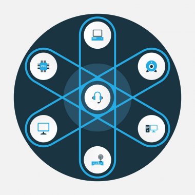 Bilgisayar renkli simgeler kümesi. Modem, ekran, kamera ve diğer öğeleri koleksiyonu. Ayrıca Modem, Web, Pc gibi simgeler içerir.
