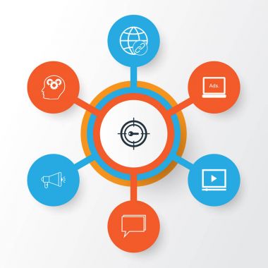 Reklam Icons Set. Fikri işlem, anahtar kelime Pazarlama, bağlantı ve diğer öğeleri koleksiyonu. Ayrıca bina, pazarlama, Video gibi simgeler içerir.