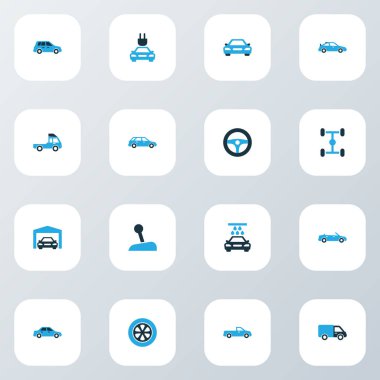 Otomobil renkli simgeler kümesi. Sedan, vites kolu, şasi ve diğer öğeleri koleksiyonu. Ayrıca kolu, taşıma, Dingil mesafesi gibi simgeler içerir.