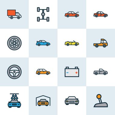 Otomobil renkli anahat simgelerini belirlemek. Cabriolet, karkas, döken ve diğer öğeleri koleksiyonu. Ayrıca Van, kaporta, Suv gibi simgeler içerir.