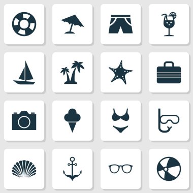 Sezon Icons Set. Armatür, şemsiye, kabuklu ve diğer öğeleri koleksiyonu. Ayrıca armatür, Bikini, fotoğraf gibi simgeler içerir.