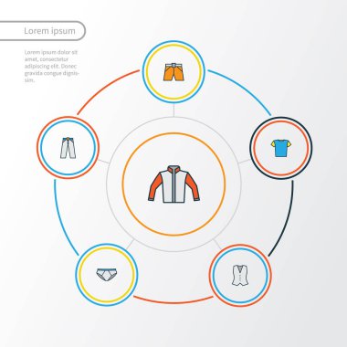 Giysi renkli anahat simgeler kümesi. Yelek, şort, pantolon ve diğer öğeleri koleksiyonu. Ayrıca tunik, rüzgarlık, yelek gibi simgeler içerir.