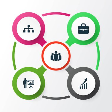 İş Icons Set. Adam sunulması, hiyerarşi, grup ve diğer öğeleri koleksiyonu. Ayrıca adam, iş, evrak çantası gibi simgeler içerir.