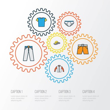 Elbise renkli anahat simgeler kümesi. Tişört, şort, külot ve diğer öğeleri koleksiyonu. Ayrıca şapka, kadın, şort gibi simgeler içerir.